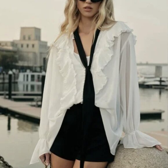 Semi-Sheer Ruffled Detail Blouse w/ Contrasting Tie | Size L | Off White - Picture 1 of 15